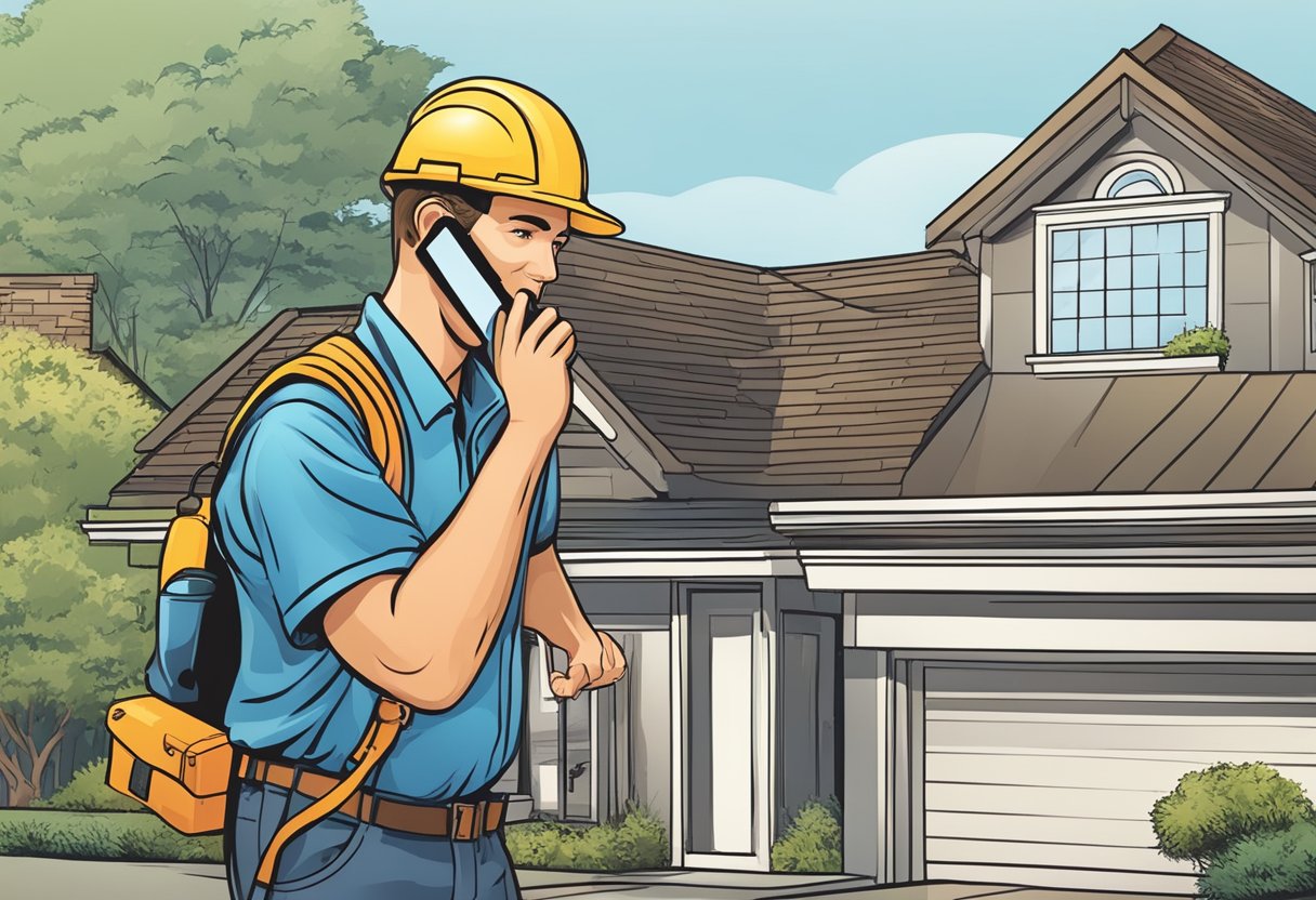A worker receiving a pay per call gutter leads for roofers from a customer in need of gutter services, with a clear and visible phone number for the lead generation service