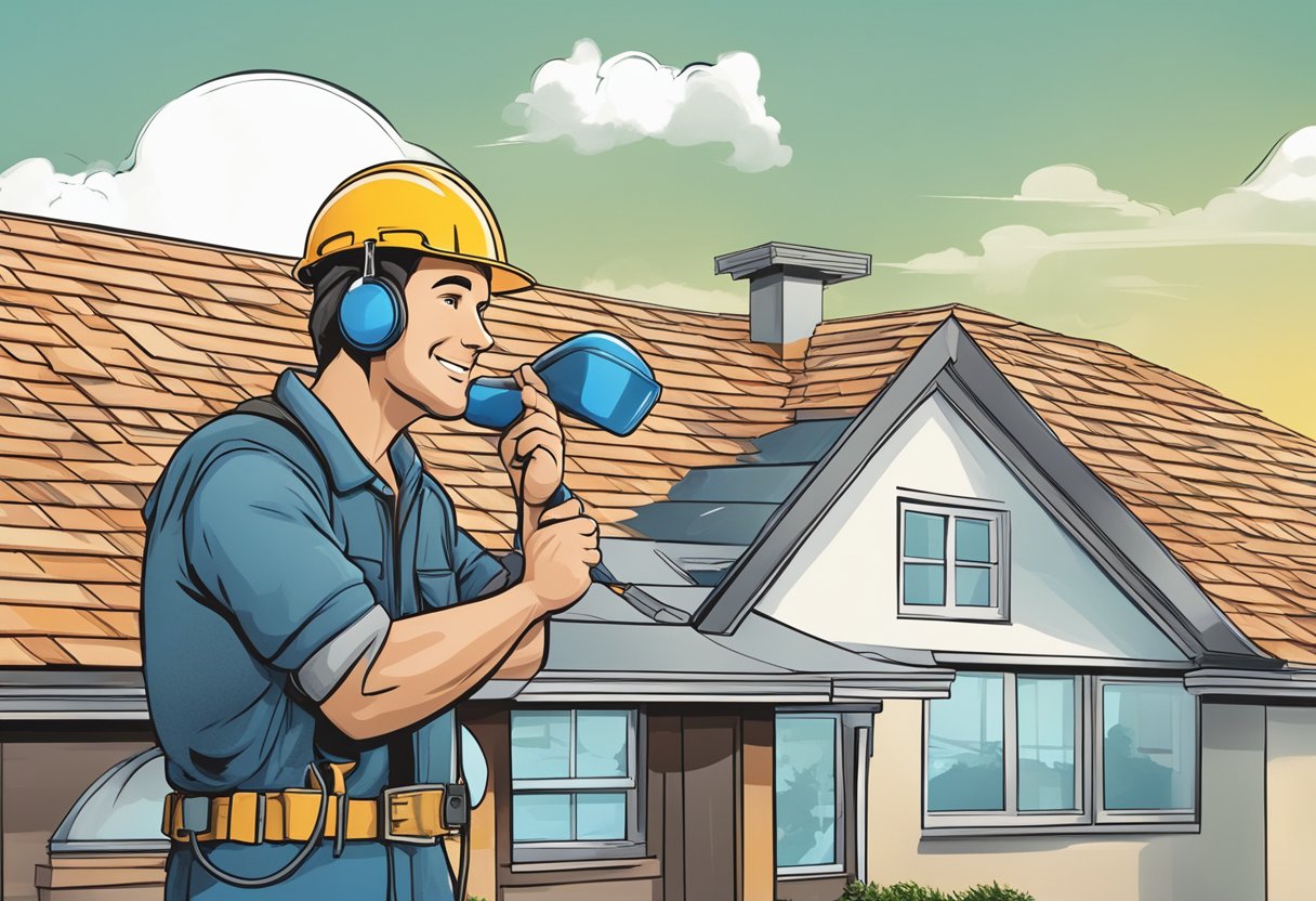 A roofer receiving a phone call from a potential customer, with a clear view of the phone and a gutter system in the background