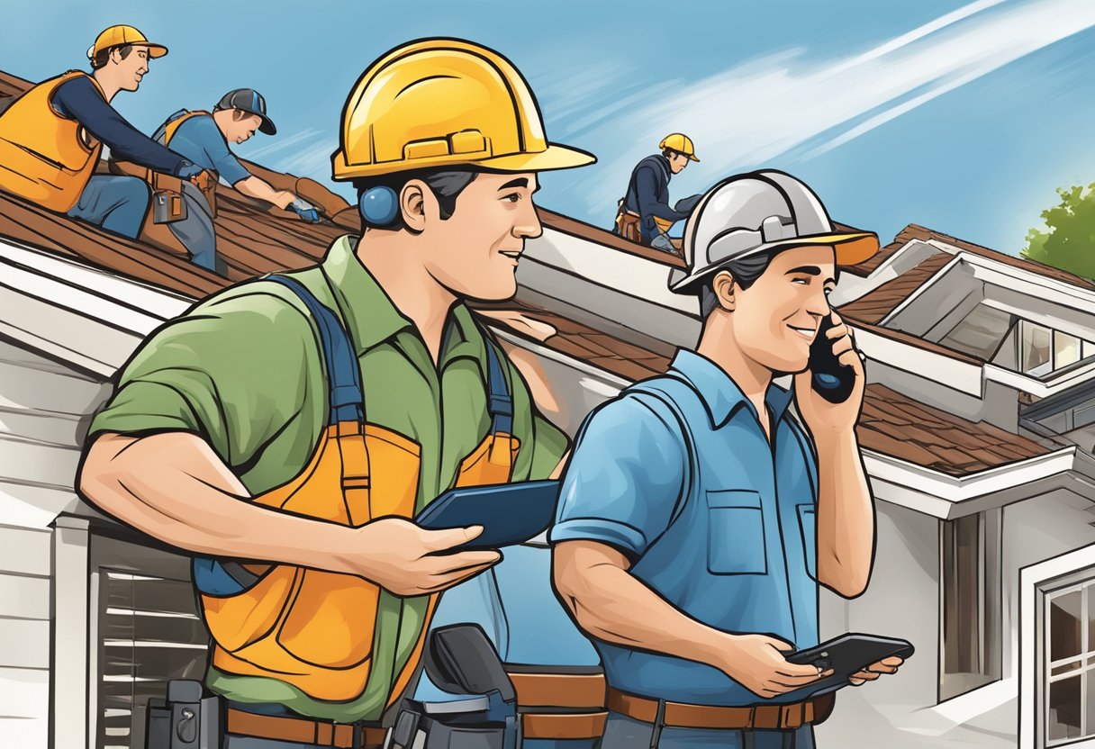 Roofers receiving phone calls from potential pay per click inquiries. Phones ringing, roofers answering, and discussing gutter services