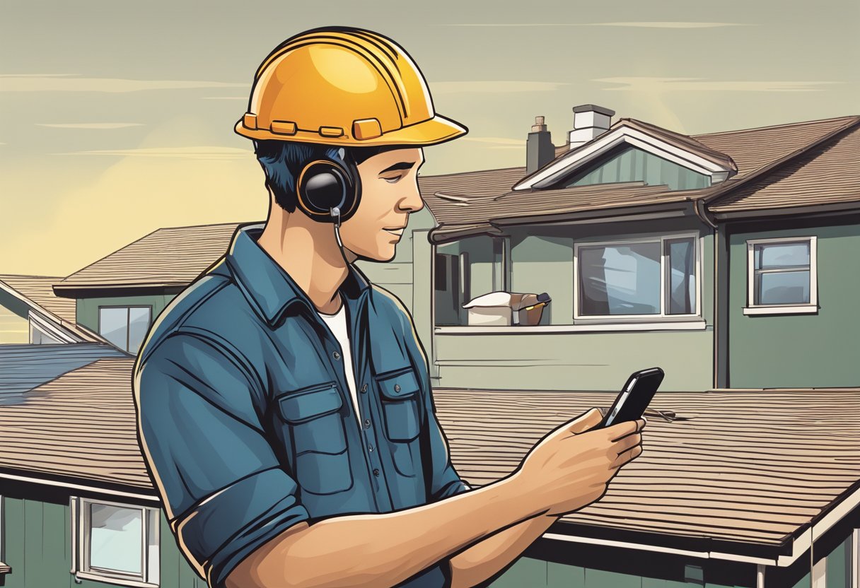A roofer receiving a call from a potential pay per call lead, with a phone in hand and a gutter in the background