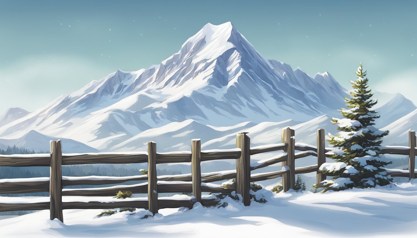 A snow-covered mountain peak with a lone alpine brand jacket hanging from a wooden fence post