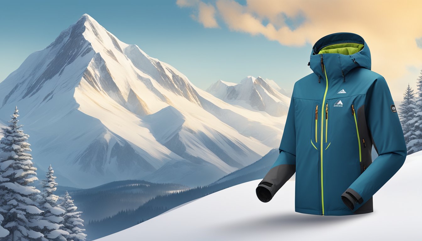 An alpine brand jacket featuring technical aspects and material innovation, shown against a snowy mountain backdrop with a focus on its high-performance features