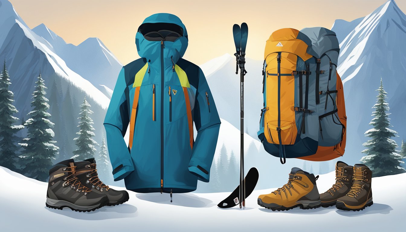 An alpine brand jacket hangs on a hook, surrounded by hiking boots, skis, and climbing gear, suggesting its versatility for various outdoor activities