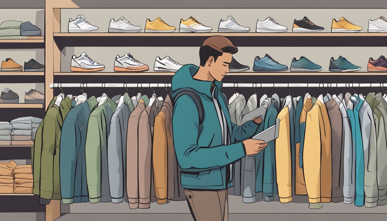 A person picking out an alpine brand jacket from a rack of various options