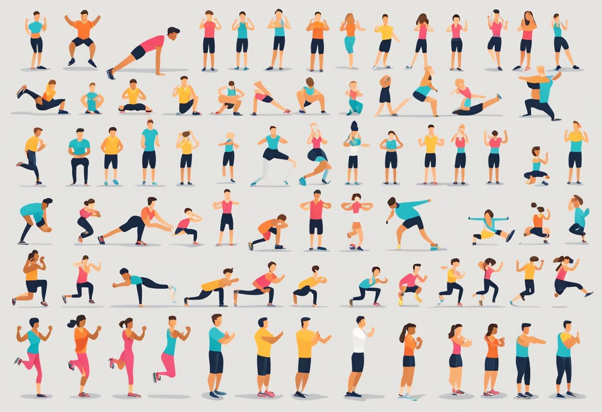 People doing 12 exercises: jumping jacks, squats, push-ups, lunges, planks, burpees, high knees, mountain climbers, sit-ups, bicycle crunches, jumping rope, and tricep dips
