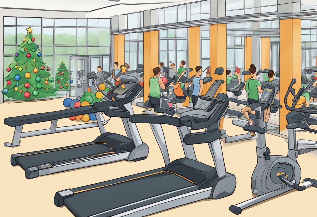 A festive gym scene with 12 exercise stations, each representing a day of Christmas. Participants move through the stations in sequence, performing corresponding exercises