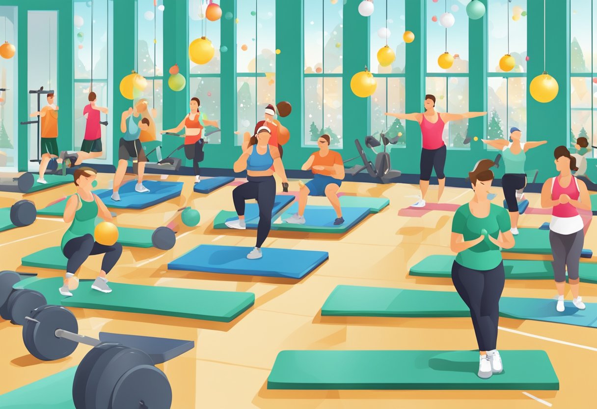 A festive workout scene with 12 exercise stations, each representing a day of Christmas