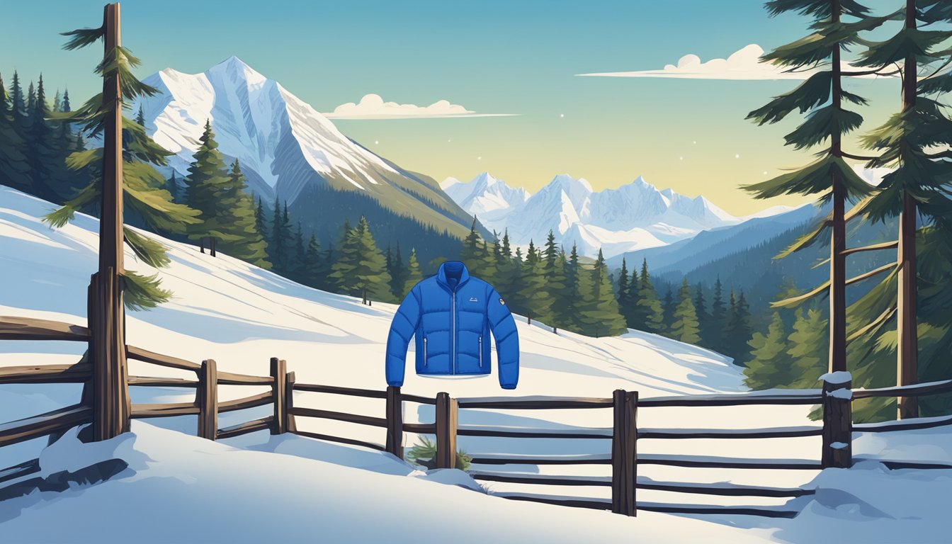 A snowy alpine landscape with a clear blue sky, featuring a sustainable alpine brand jacket hanging from a wooden fence, surrounded by pine trees and snow-capped mountains in the background