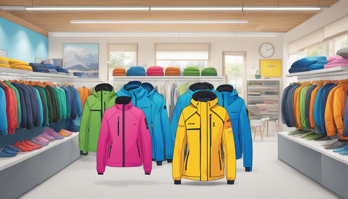 A brightly colored alpine brand jacket displayed with a "Frequently Asked Questions" sign next to it