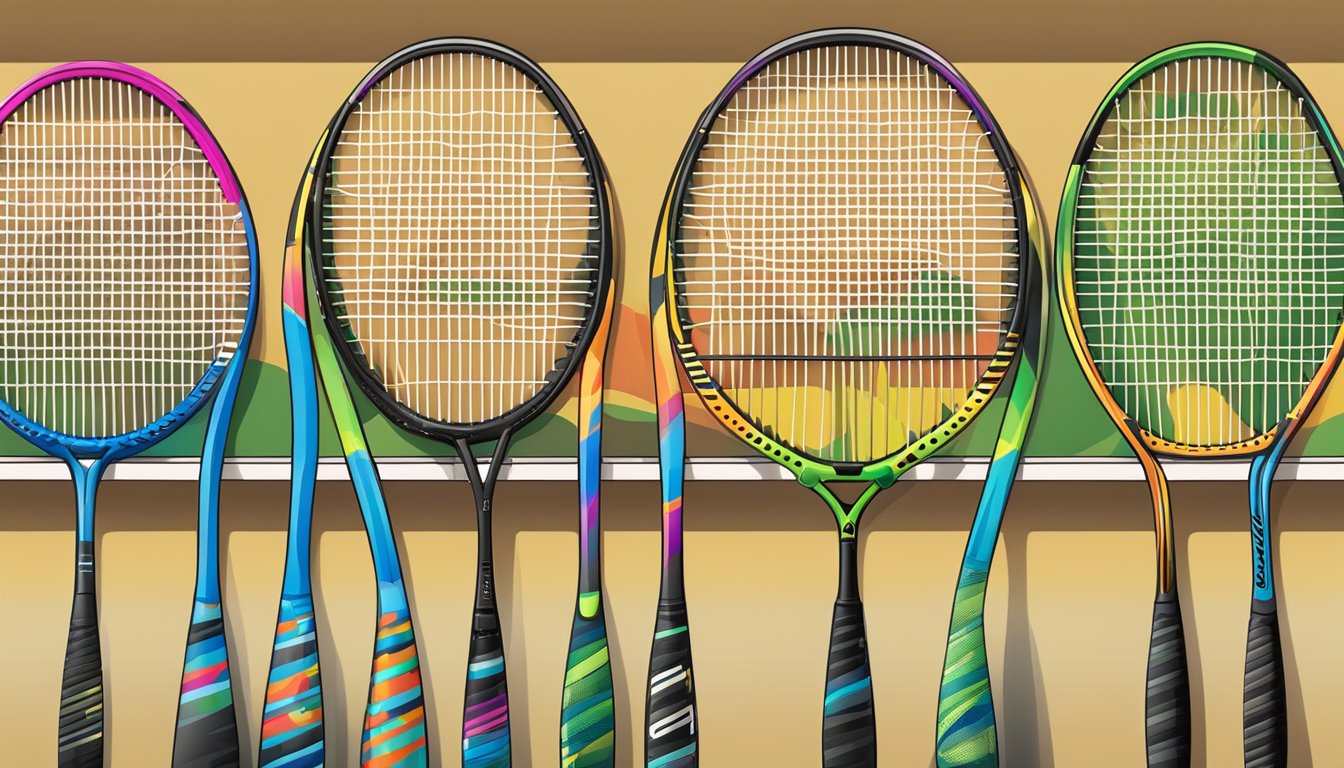 A display of various badminton racket brands arranged on a shelf, with colorful designs and different grip sizes