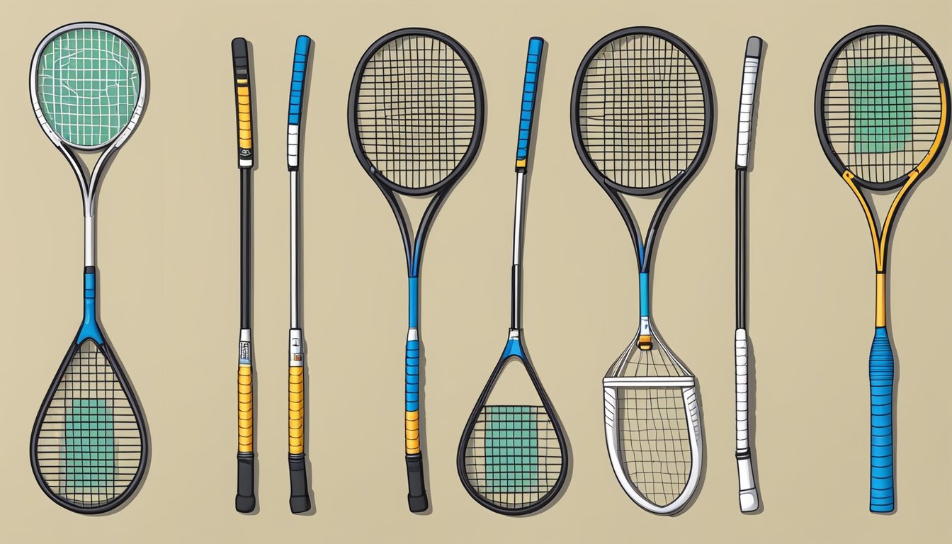 Various badminton rackets arranged by playing level, from beginner to professional, displayed on a rack