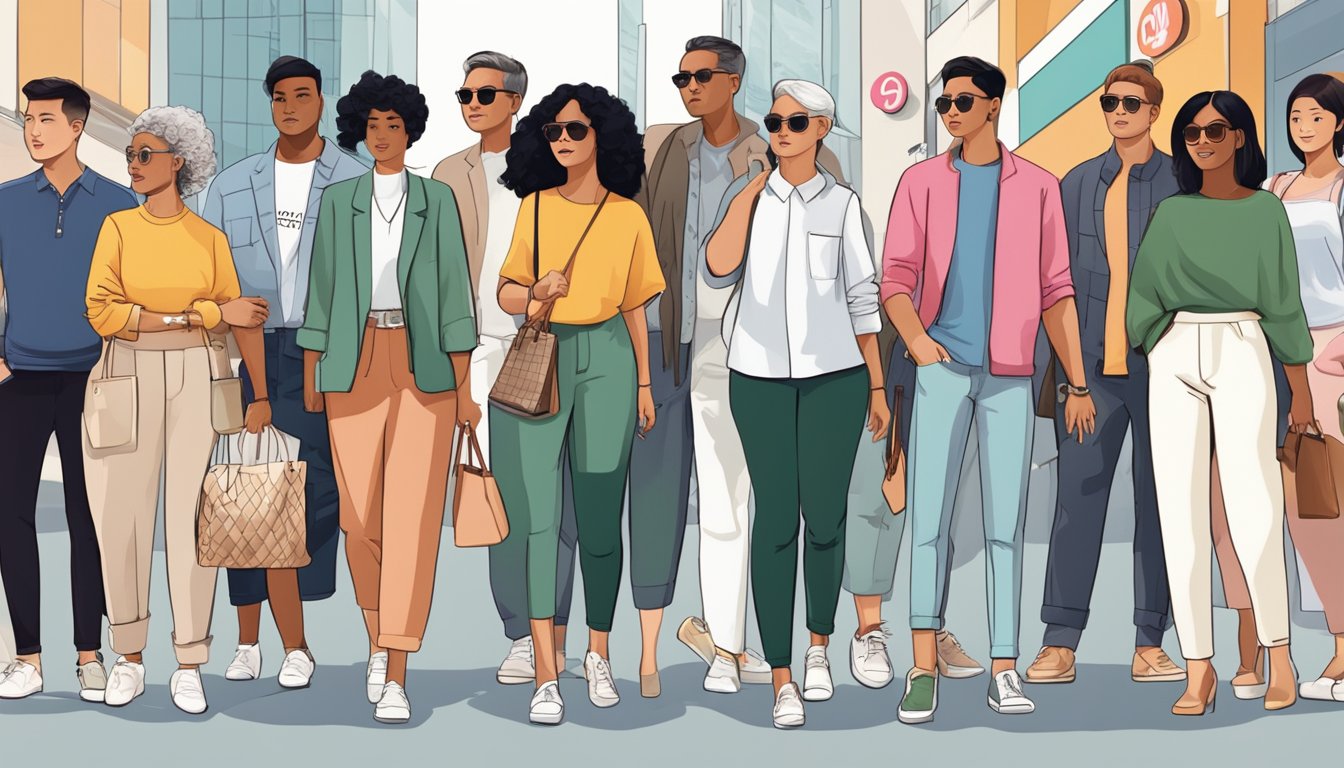 A diverse group of people of different ages, races, and body types are seen wearing trendy and stylish clothing from various inclusive fashion brands in a bustling shopping district in Singapore