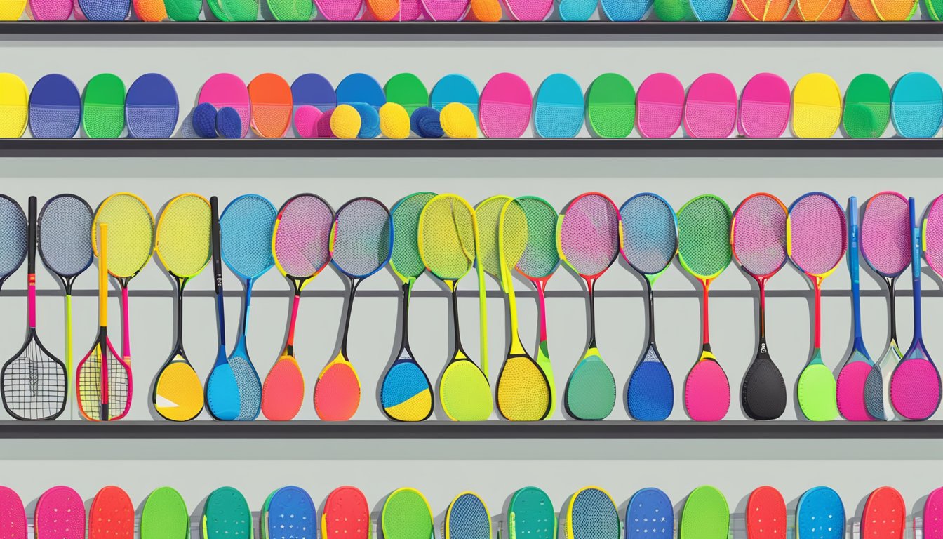 A display of various badminton racket brands arranged on a shelf, with vibrant colors and sleek designs to cater to different players' preferences