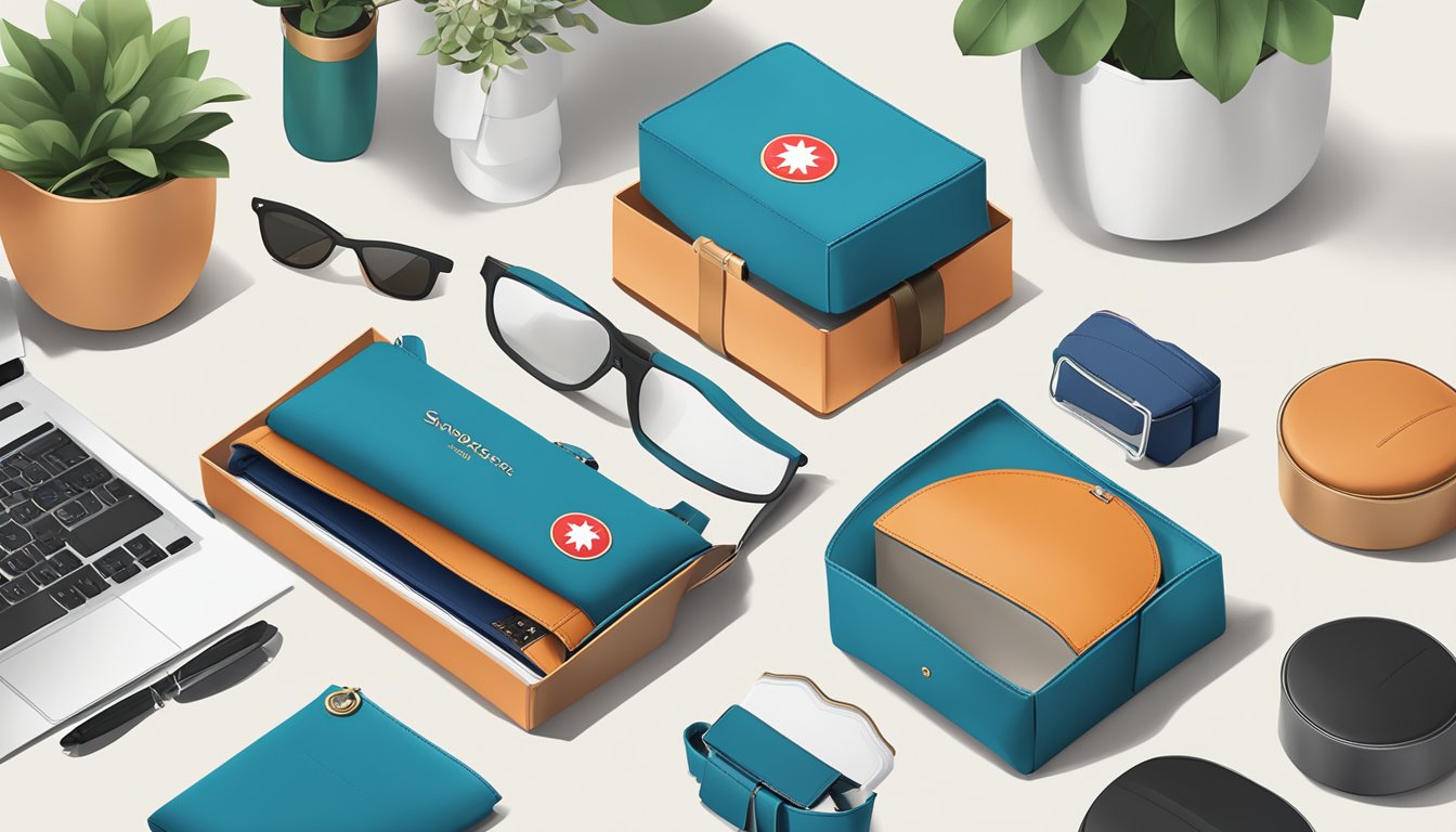 A display of Singaporean-branded accessories arranged neatly in a modern, minimalist setting