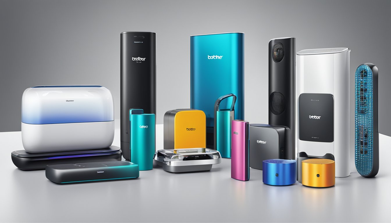 A display of modern, sleek product designs in a variety of colors and sizes, showcasing the innovative range of Brother brand products
