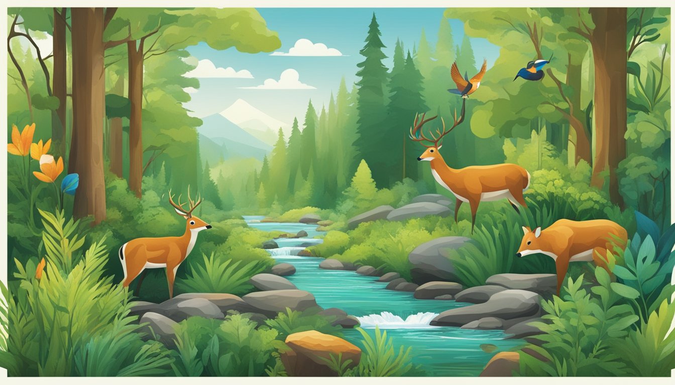 A lush green forest with a clear stream running through it, surrounded by diverse wildlife and a vibrant ecosystem. The brand's logo is prominently displayed on a sign, symbolizing their commitment to environmental sustainability