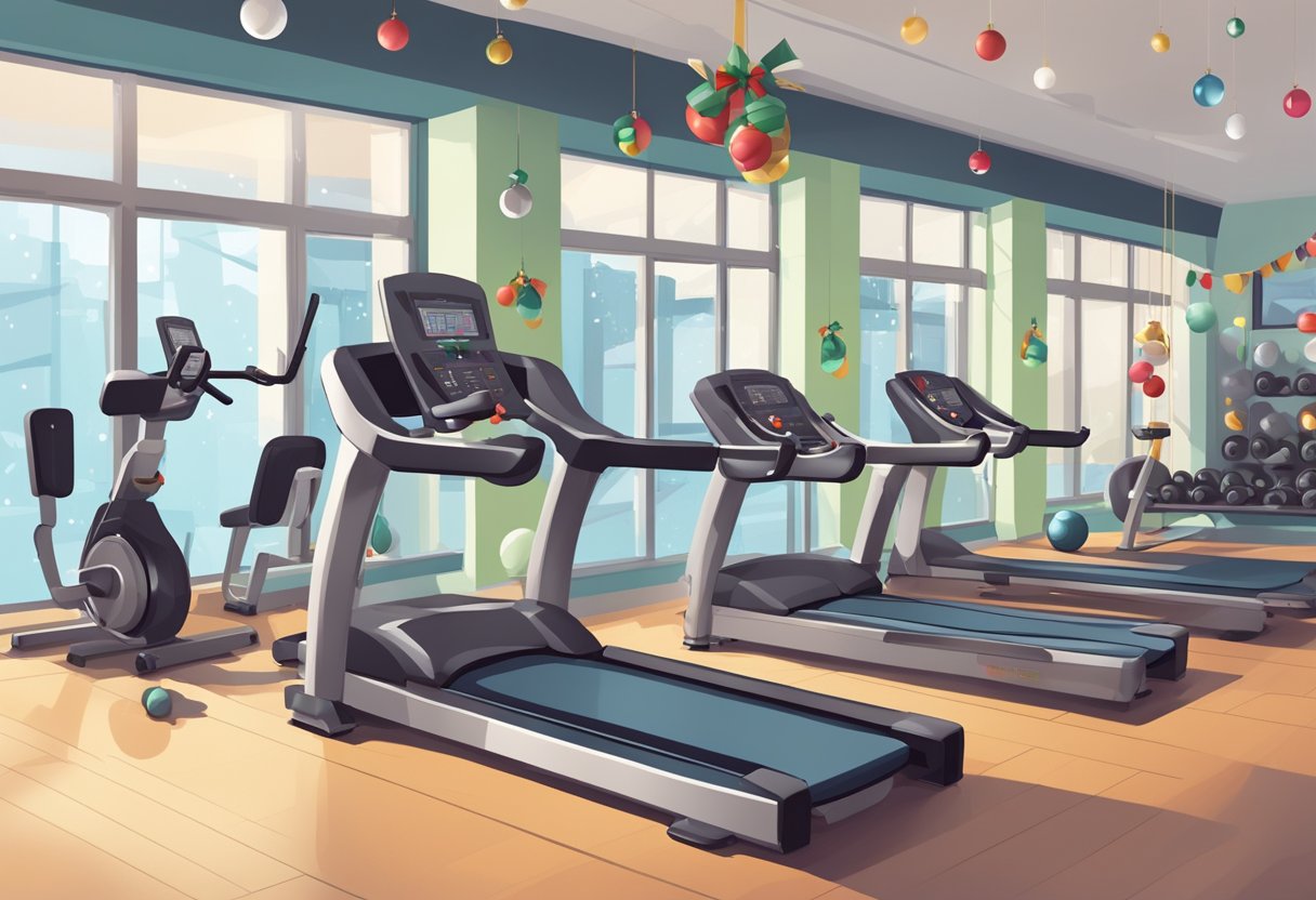 A gym with 12 different exercise stations, each representing a day of Christmas. Equipment and weights are scattered around the room, with a festive and energetic atmosphere
