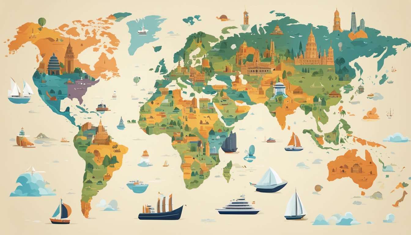 A world map with diverse landmarks and symbols representing global influence and cultural impact