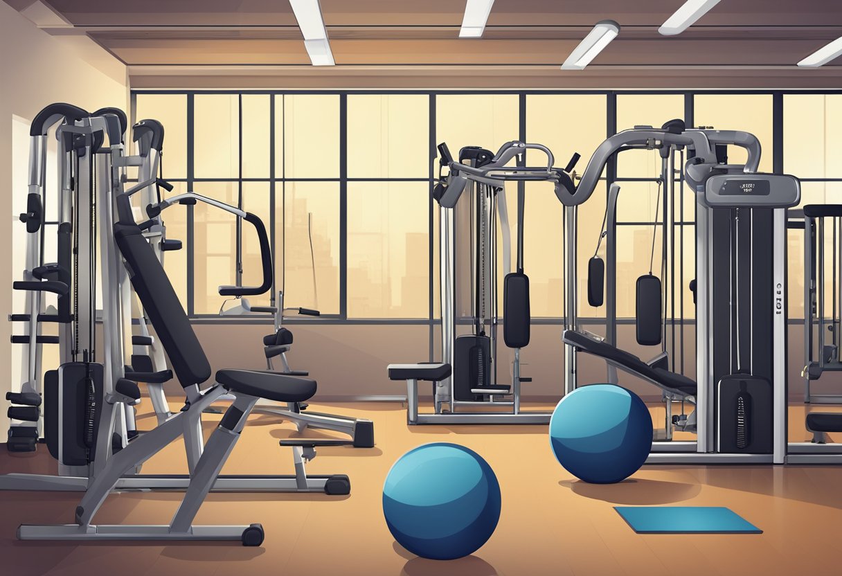 Various fitness equipment arranged in a gym setting, with a Christmas theme. Different levels of difficulty indicated for each exercise