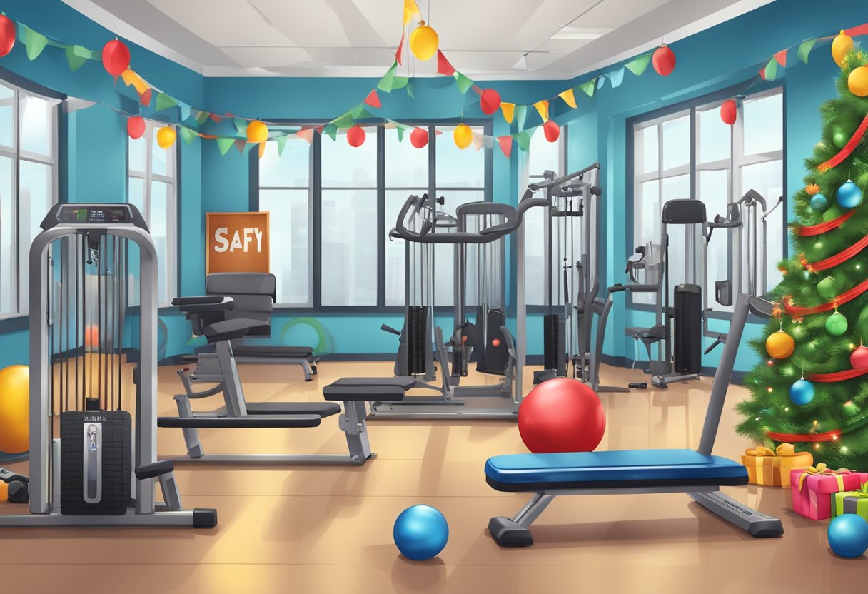 A gym with exercise equipment arranged in a festive 12-day Christmas theme, with signs and posters promoting safety and injury prevention