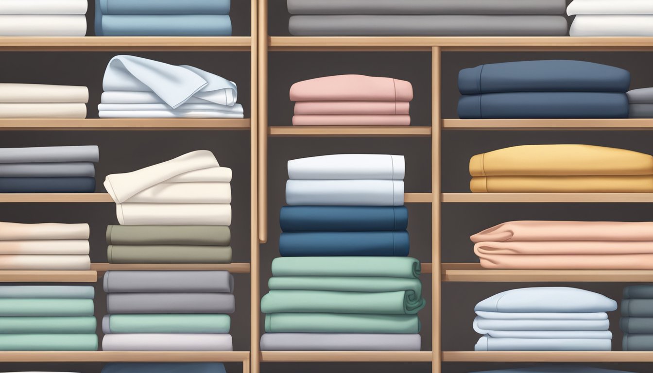 A variety of bed sheet brands neatly stacked on shelves in a cozy bedroom setting
