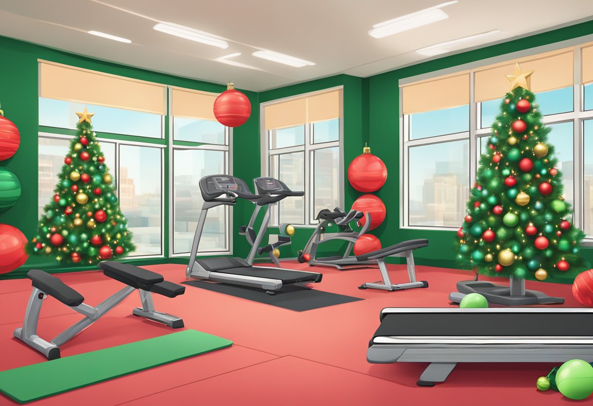 A festive gym decked out in holiday decor, with exercise equipment arranged in the shape of a Christmas tree. Red and green workout gear and festive music add to the merry atmosphere