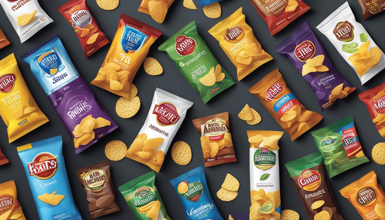 Various American chip brands displayed with innovative flavors and packaging