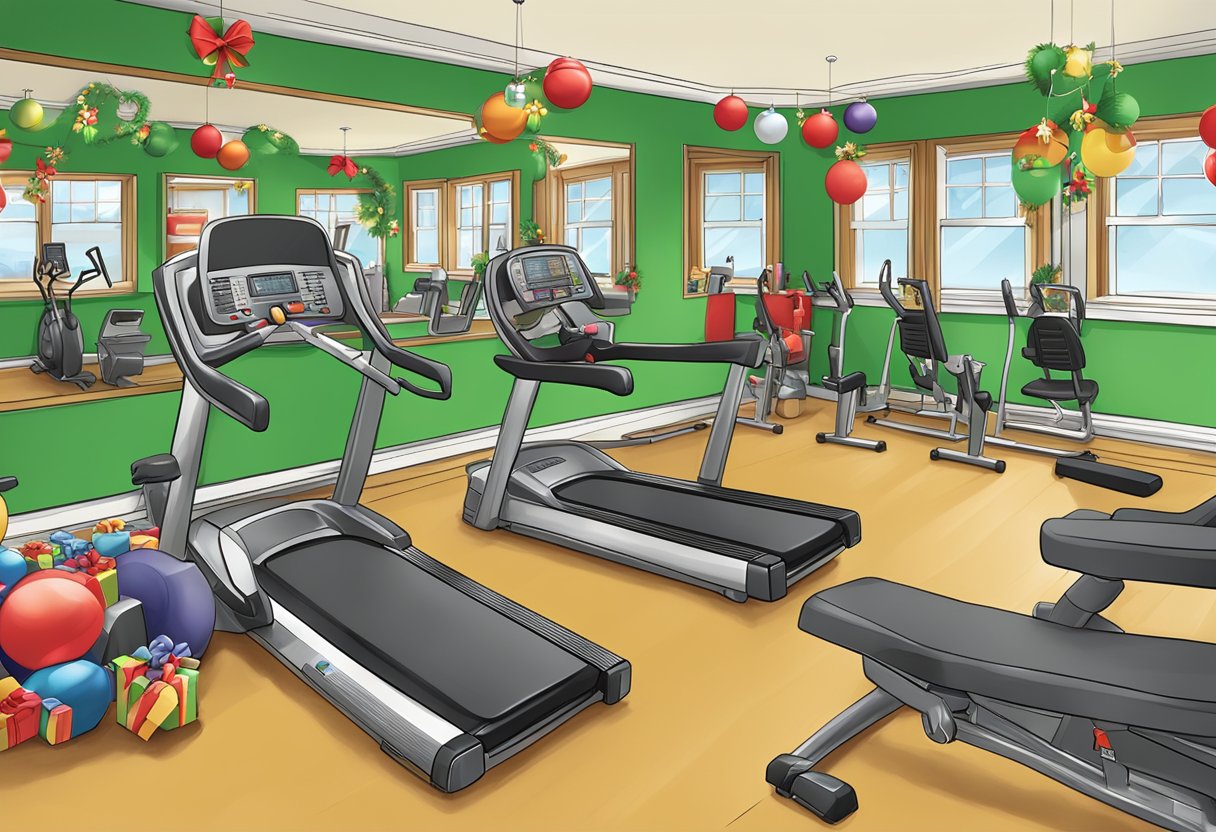 A festive gym with 12 exercise stations, each representing a day of Christmas. Decorations and music create a lively atmosphere