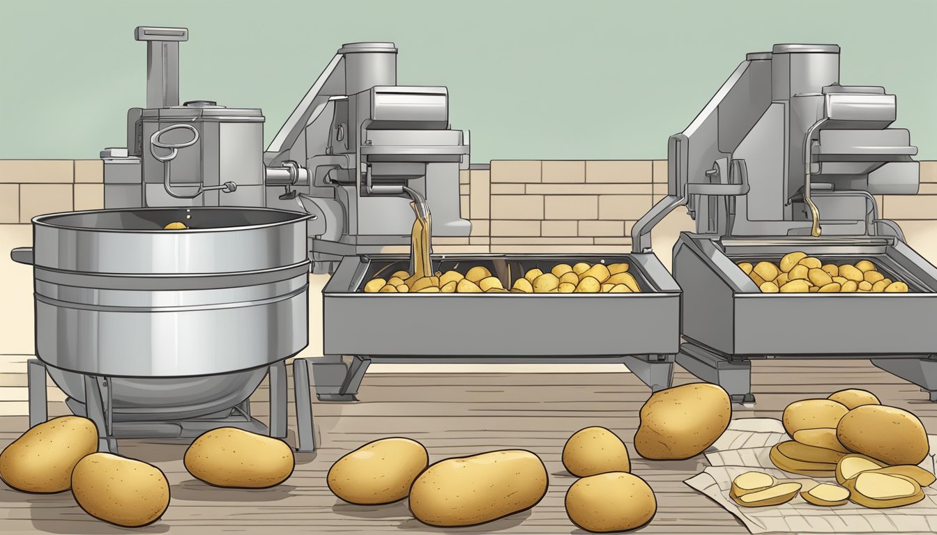 Potatoes being washed, peeled, and sliced. Slices are fried in oil, seasoned, and packaged for sale