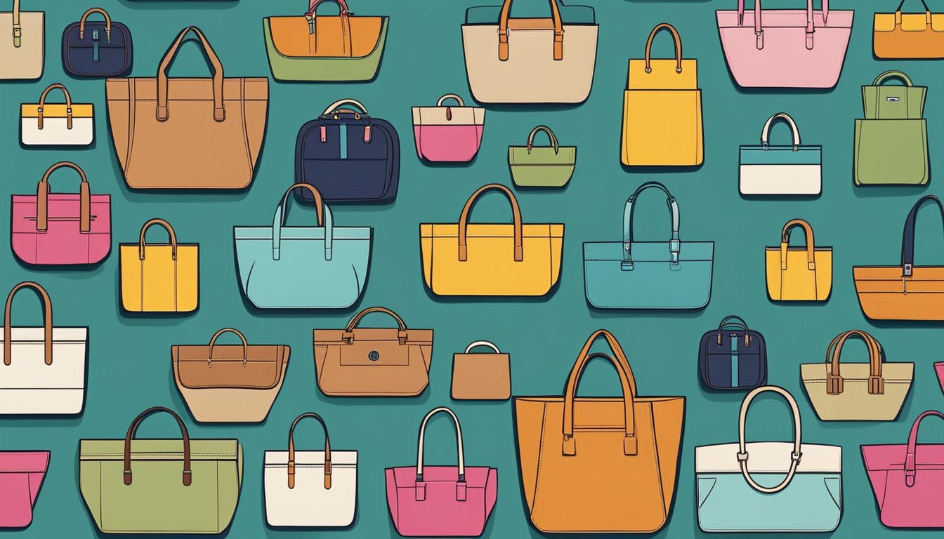 A row of branded bags, varying in size and color, arranged in a descending order to depict a hierarchy
