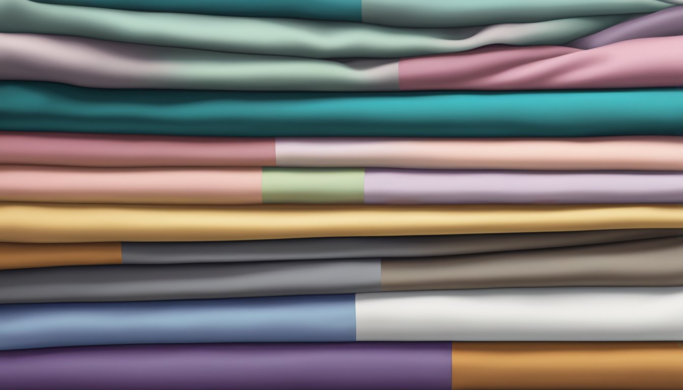 A stack of luxurious bed sheet materials from top brands. Rich textures and vibrant colors on display