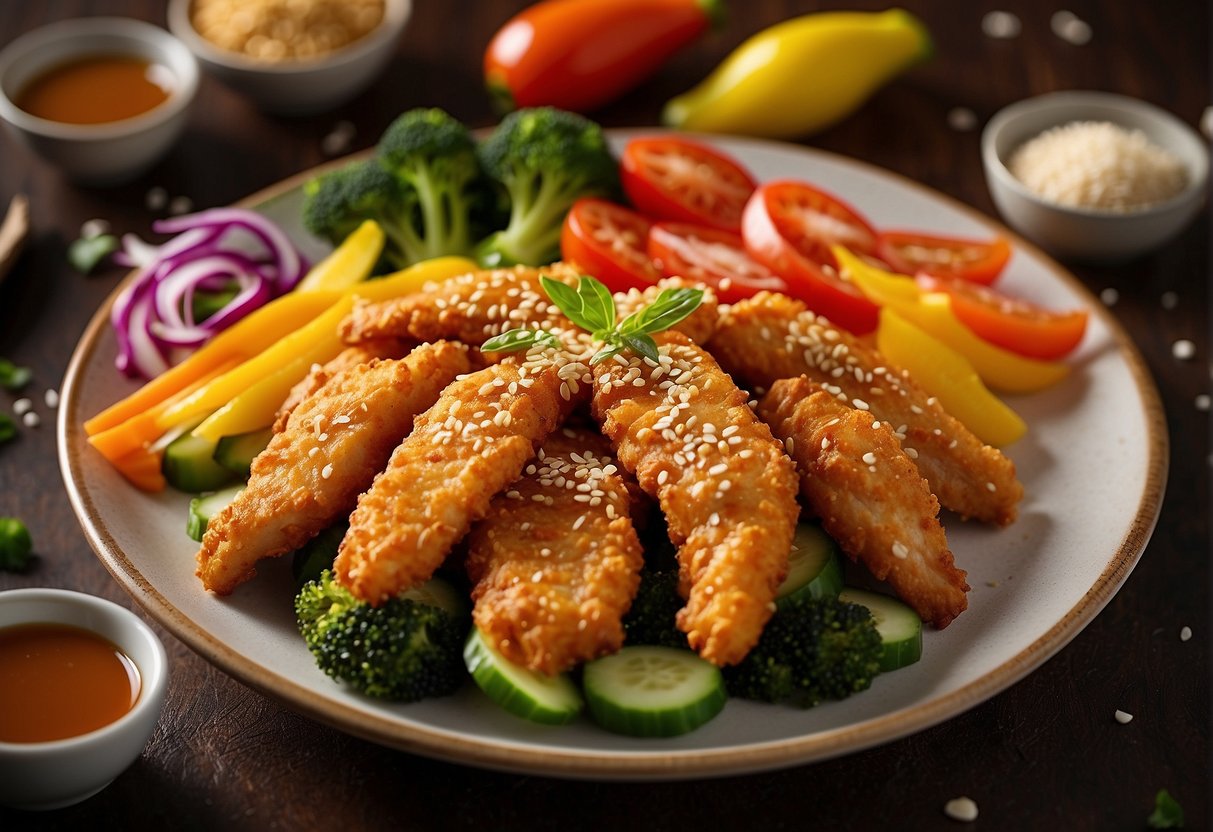 A plate of golden-brown chicken tenders surrounded by colorful vegetables and garnished with sesame seeds, soy sauce, and chopsticks