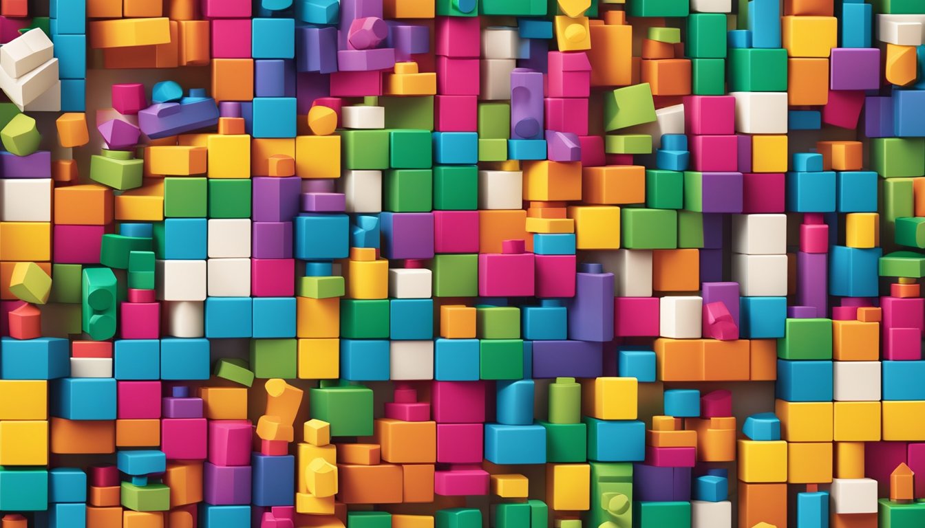 Colorful building blocks arranged in a playful, imaginative scene. Various well-known toy brands mixed together to create a vibrant and diverse display