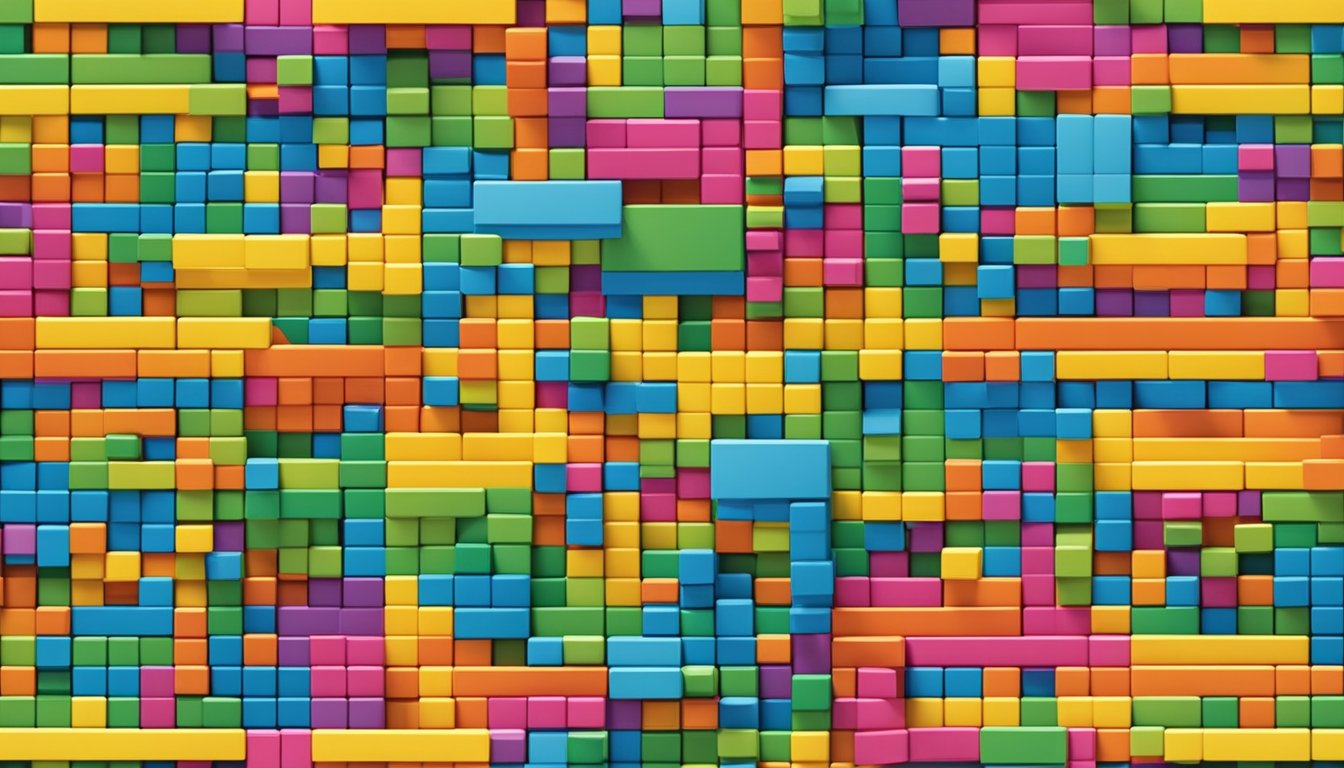 Brightly colored building blocks toys arranged in a timeline from classic wooden blocks to modern plastic sets
