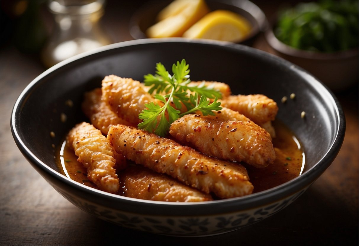 Chicken tenders sit in a bowl, soaking in a flavorful marinade, ready to be cooked for a delicious Chinese dish