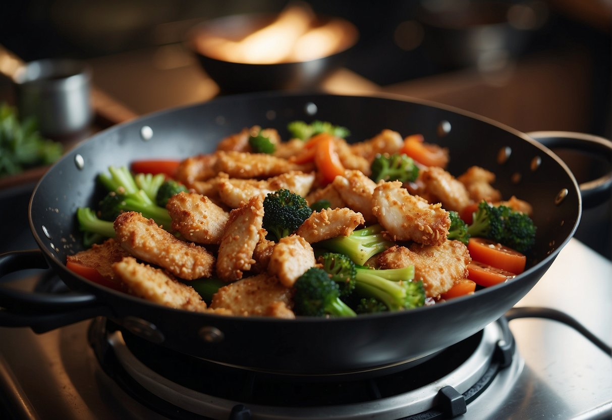 A wok sizzles as chicken tenders are stir-fried with ginger, garlic, and soy sauce. The chef adds a colorful mix of vegetables and tosses everything together before serving