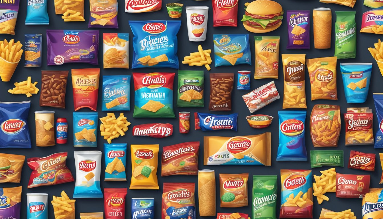 A colorful display of popular American chip brands, surrounded by symbols of American culture and trends