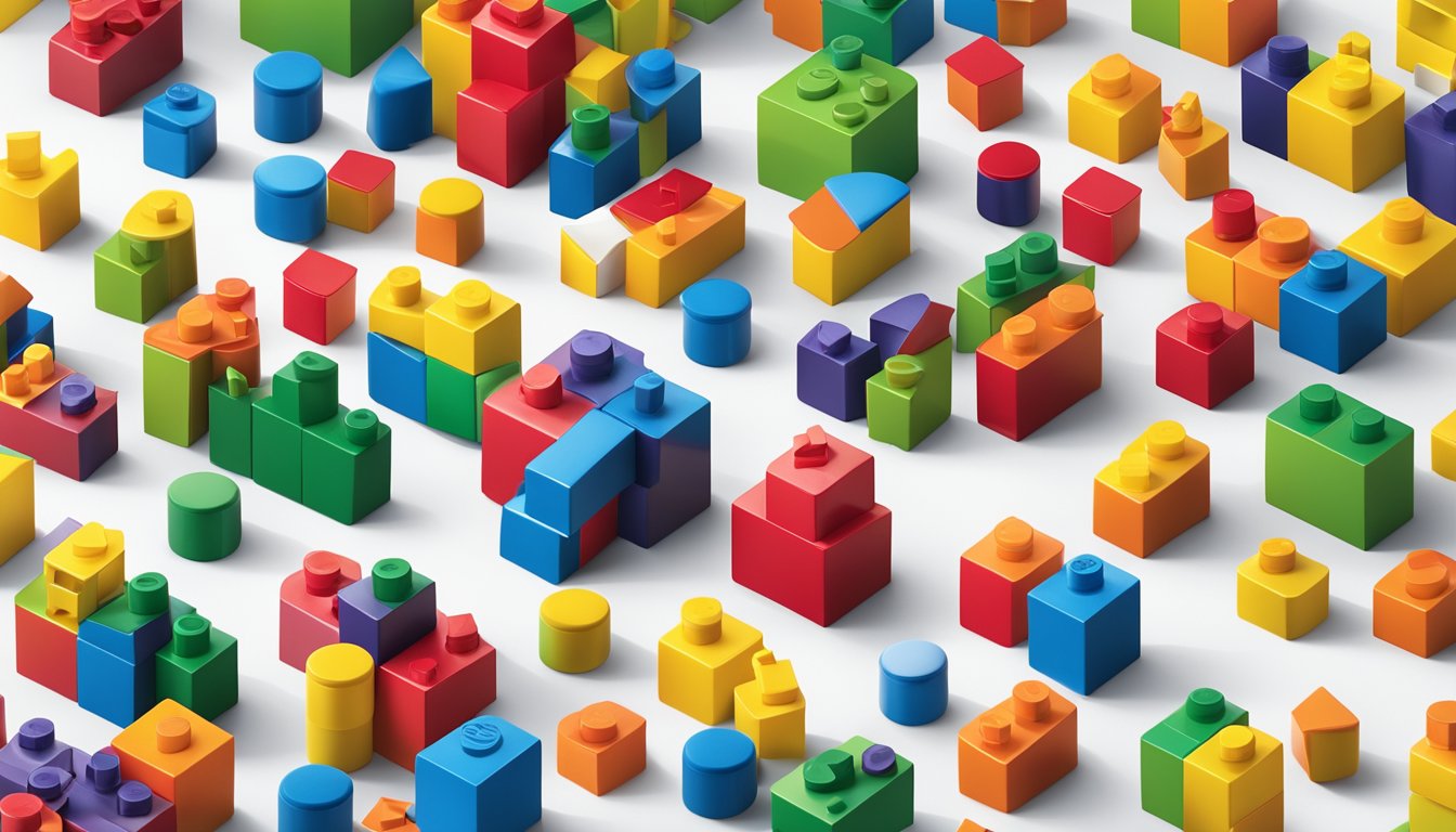 Colorful building blocks scattered on a clean, white surface with logos of top toy brands visible