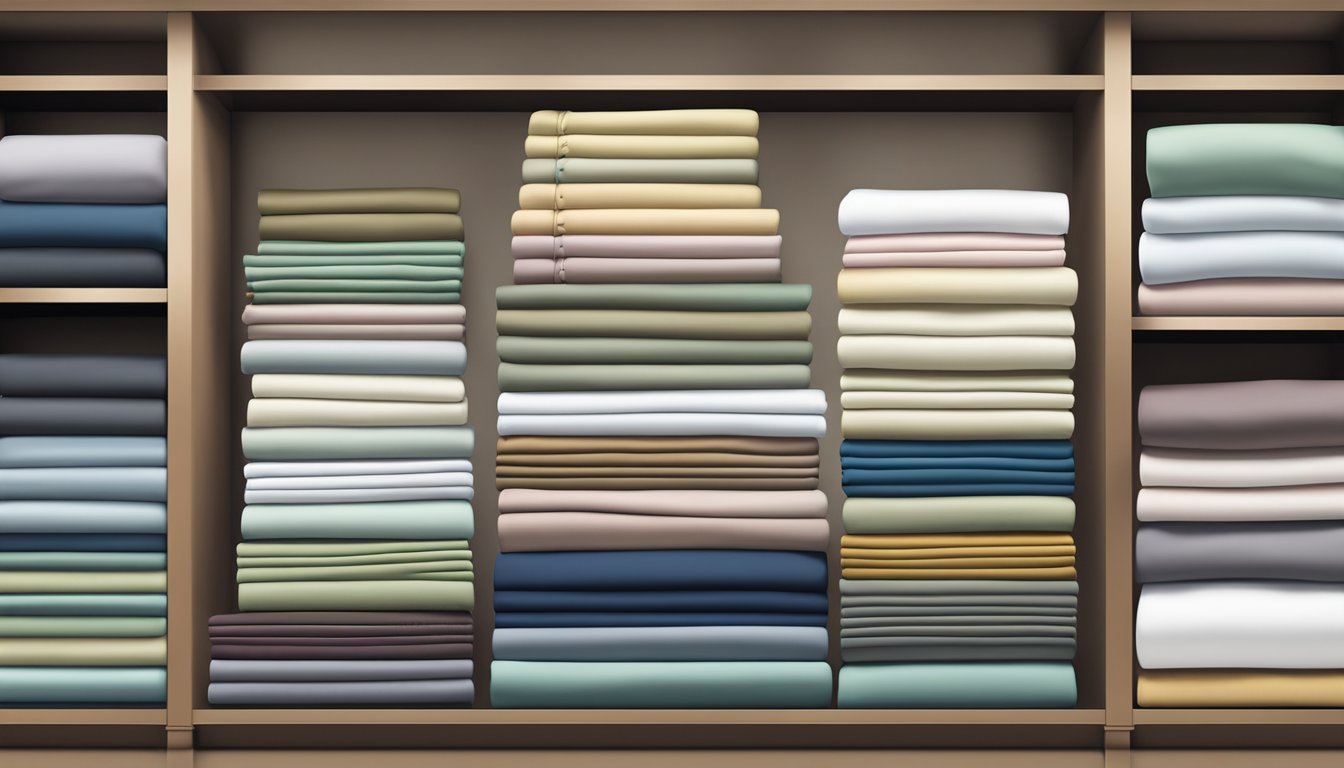 A variety of bed sheets with different weaves and textures are neatly displayed on shelves, showcasing the range of options available to consumers