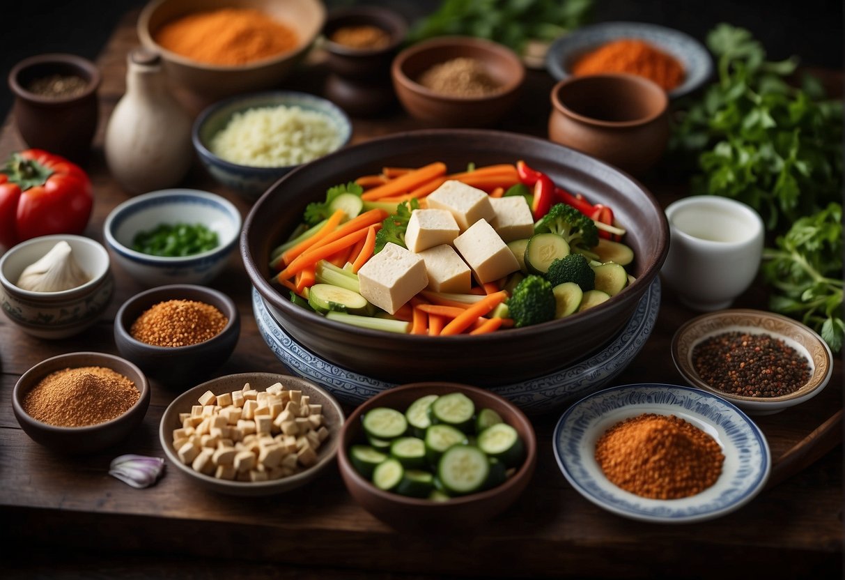 A table set with colorful vegetables, tofu, and spices, surrounded by traditional Chinese cookware and utensils