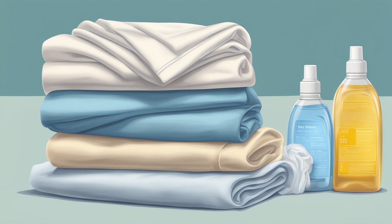 A neatly folded stack of bed sheets with a bottle of fabric softener and care instructions printed on a label