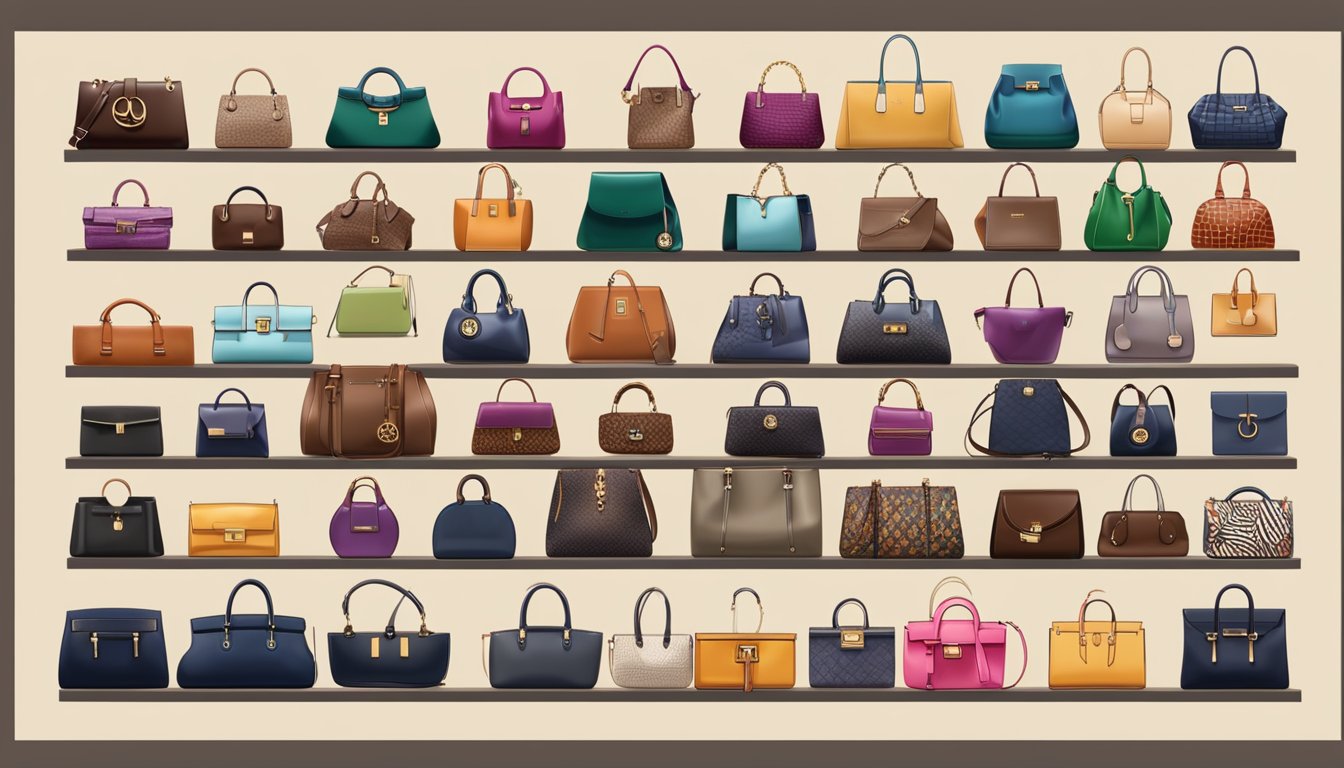 A display of designer bags, arranged in a hierarchy of brands, showcasing the allure and status associated with luxury handbags