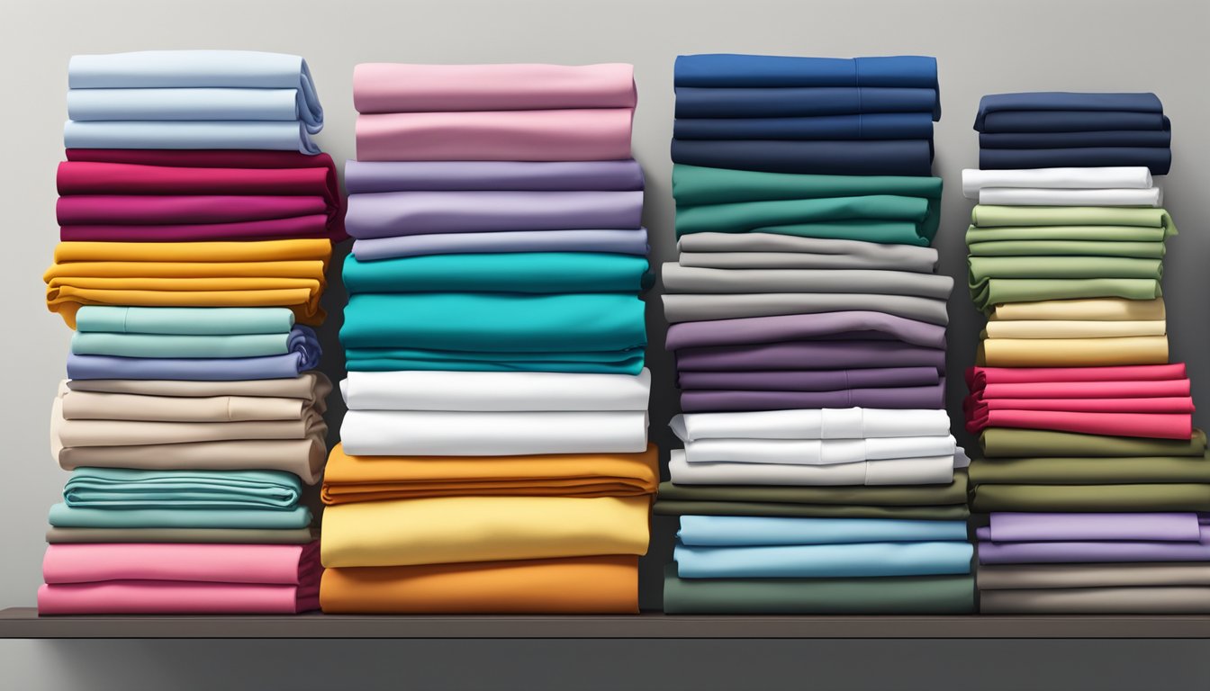 A stack of colorful, high-quality bed sheets from various top brands displayed on a neatly organized shelf with a "Best Brands and Shopping Guide" sign above