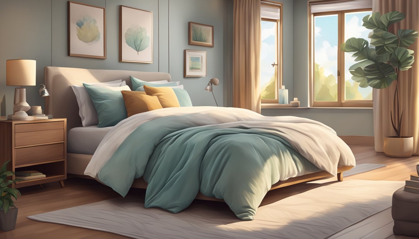 A cozy bedroom with soft, luxurious bed sheets in calming colors, surrounded by fluffy pillows and a warm, inviting atmosphere
