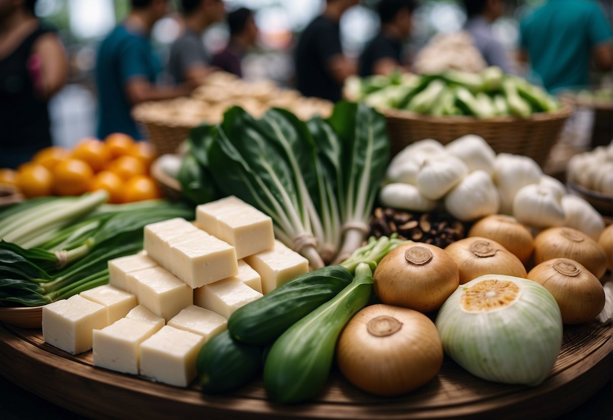 A bustling Singapore market stall displays fresh tofu, shiitake mushrooms, bok choy, and fragrant lemongrass for Chinese vegetarian recipes