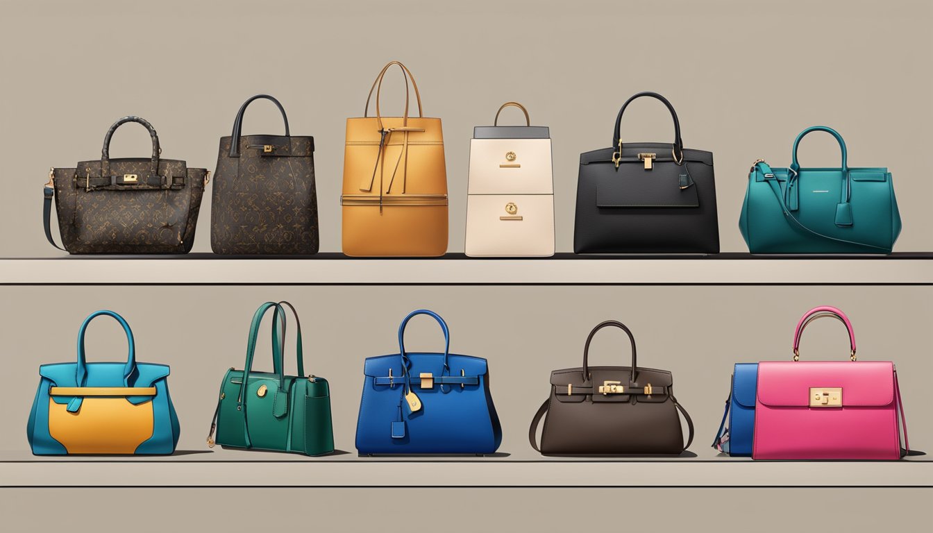 A display of top-tier designer branded bags arranged in a hierarchical fashion