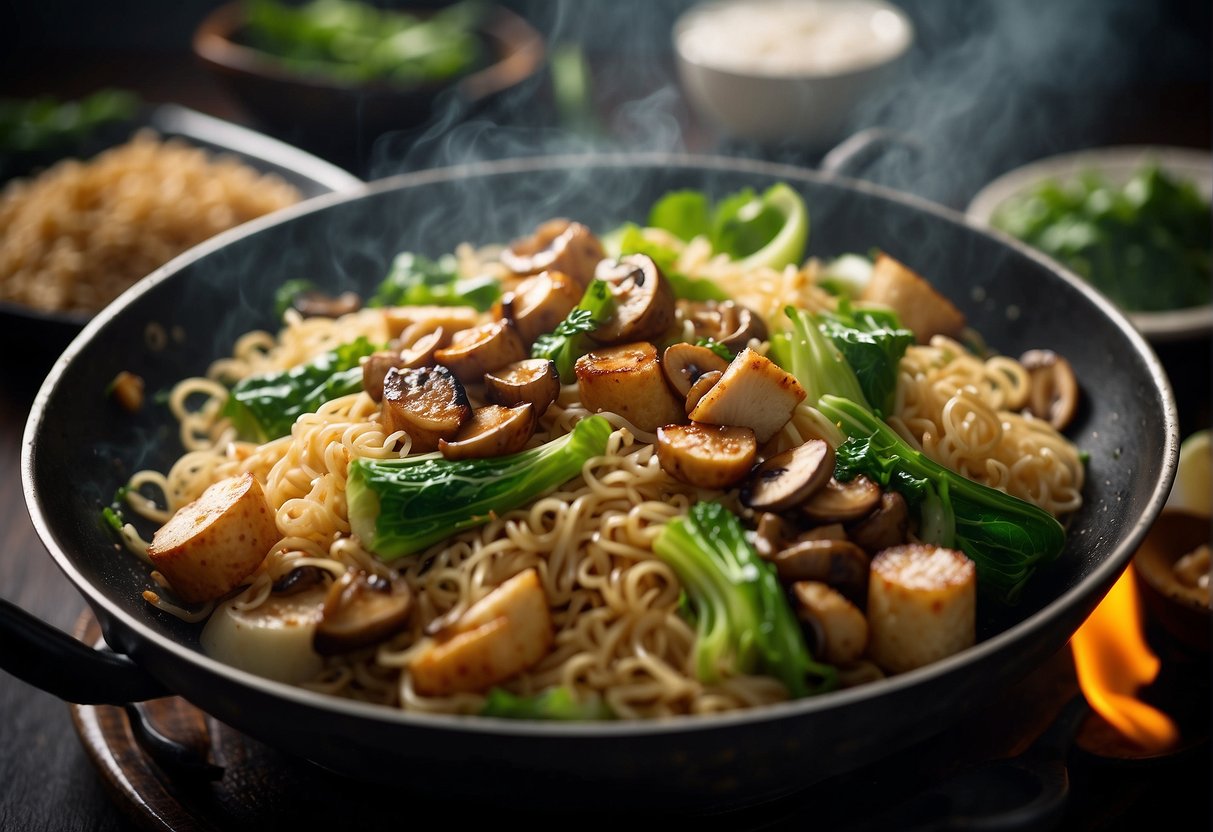 A steaming wok sizzles with stir-fried rice noodles, tofu, bok choy, and mushrooms, infused with fragrant aromas of ginger, garlic, and soy sauce