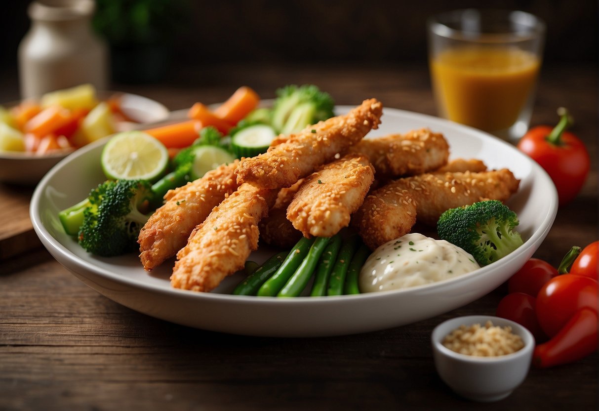 A plate of Chinese chicken tenders with a side of vegetables, accompanied by a small card displaying the nutritional information and serving size
