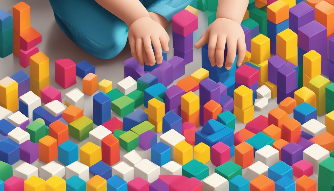 Colorful building blocks scattered on a clean, bright floor, with a child's hand reaching out to stack them into a tall tower