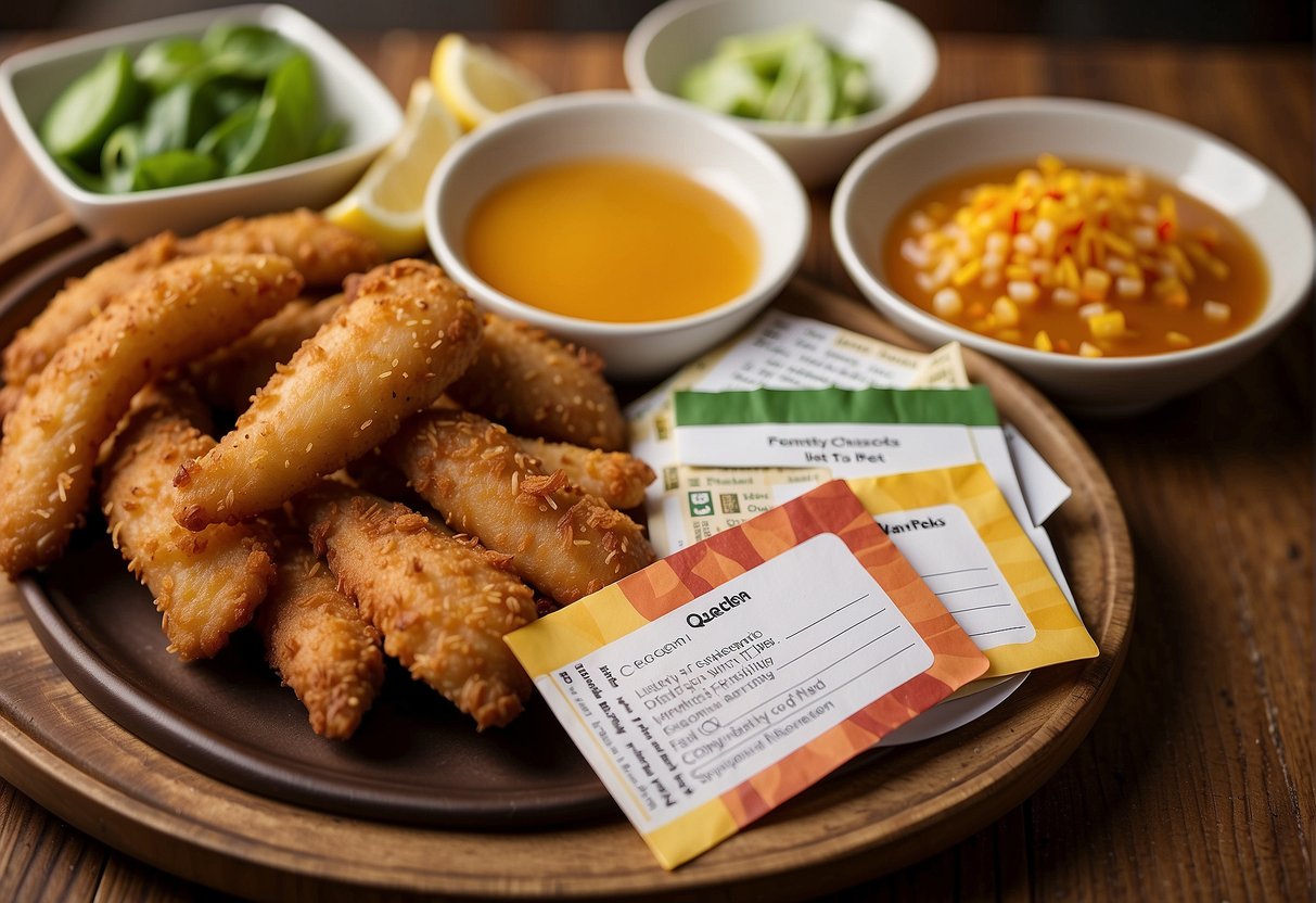 A plate of golden-brown chicken tenders surrounded by vibrant Chinese ingredients and sauces, with a stack of recipe cards labeled "Frequently Asked Questions."